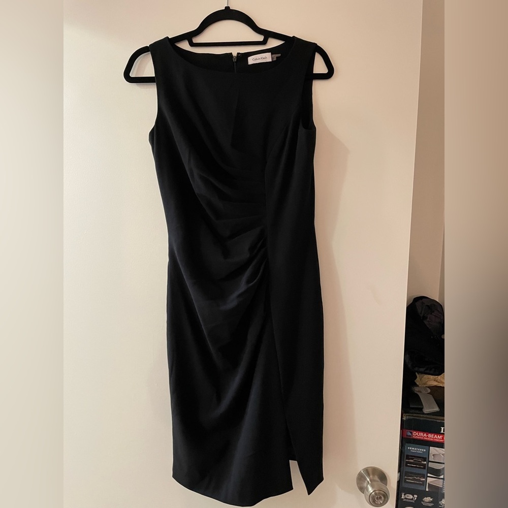 Calvin Klein Black Ruched Sheath Business Casual Midi Dress Size 4